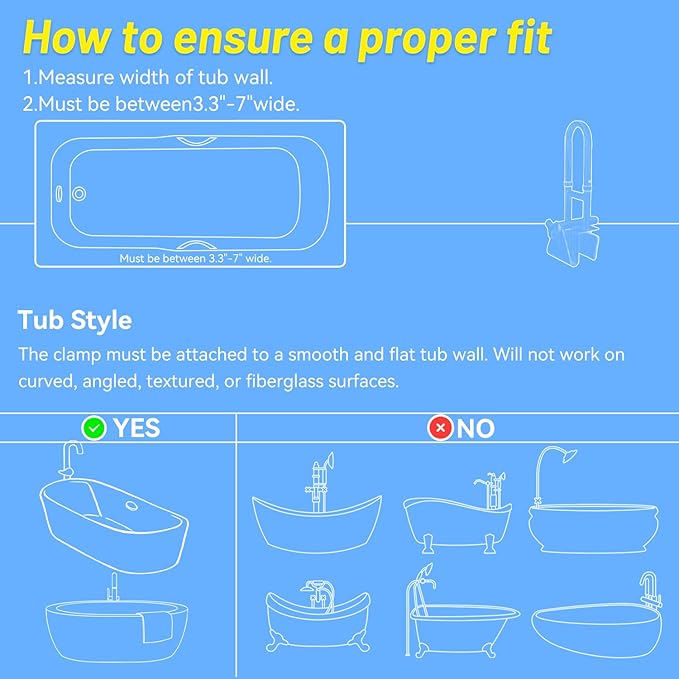 Bathtub Grab Bars for Seniors, Tub Handle Grab Bar for Elderly Bath Support, Bathtub Safety Rail, Assistance Bathtub Handle Clamp for Bathroom, 3.3"- 7" Width Adjustable, White