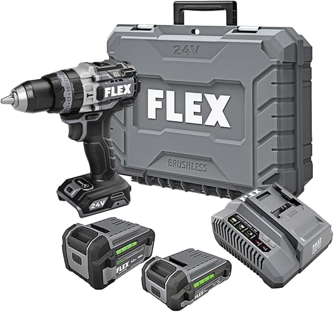 FLEX 24V Brushless Cordless 1/2-Inch 1,400 In-Lbs Torque 2-Speed Hammer Drill Turbo Mode Kit with 2.5Ah, 5.0Ah Lithium Batteries and 160W Fast Charger - FX1271T-2B