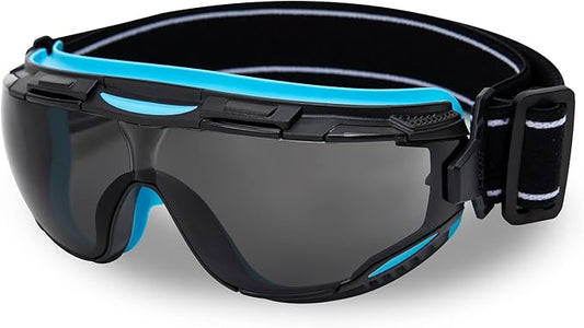 DEX FIT Protective Safety Goggles SG220; Anti Fog & Scratch, Z87 Eye Protection for Work, Adjustable for Women and Men, (Black & Blue Frame, Tinted Lens, 30cm Strap)