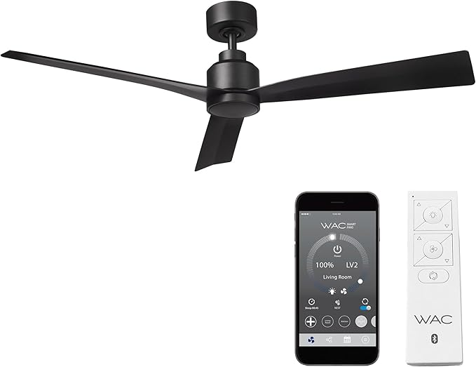 WAC Smart Fans Clean Indoor and Outdoor 3-Blade Smart Home Ceiling Fan 52in Matte Black with Remote Control works with Alexa and iOS or Android App