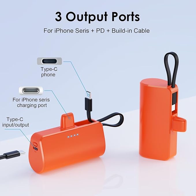 Mini Portable Charger for iPhone with Built-in Type-C Cable, 5200mAh Ultra-Compact Power Bank, PD 20W Fast Charging Battery Pack Phone Charger for iPhone 16/15/14/13, Samsung, Google, Android (Orange)