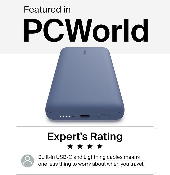Belkin Portable Charger, Power Bank 10000 mAh, 23W w/Integrated Lightning Cable & USB-C Cable - iPhone Charger Battery Pack for Apple iPhone 16, 15, 14, Galaxy S25, Pixel 9, Travel Essentials - Blue