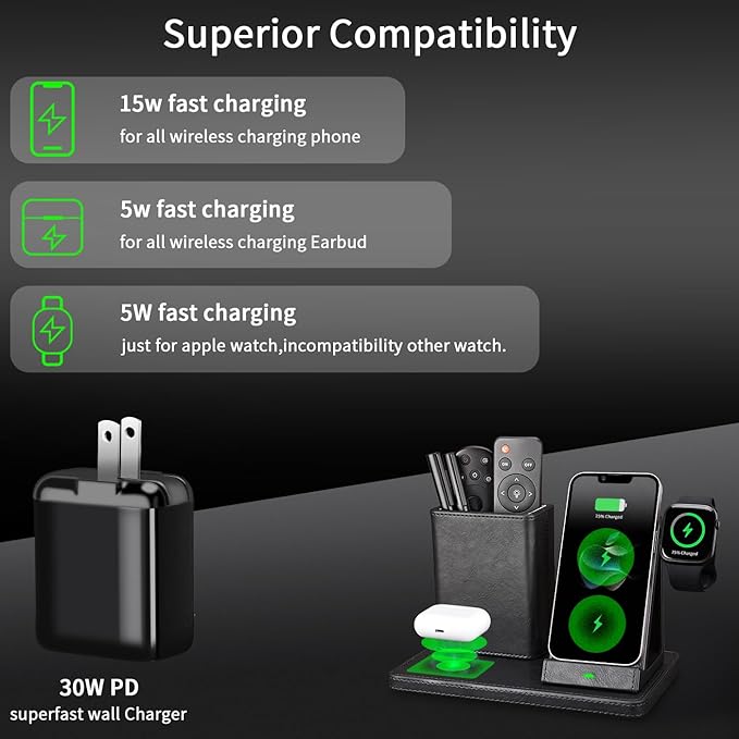 White Leather Pen Holder Desk Organizer with 3-in-1 Wireless Charger for Phone, Earbuds, Watch - Desktop Phone Stand,Birthday Gifts for Women,mom Gifts (Black)