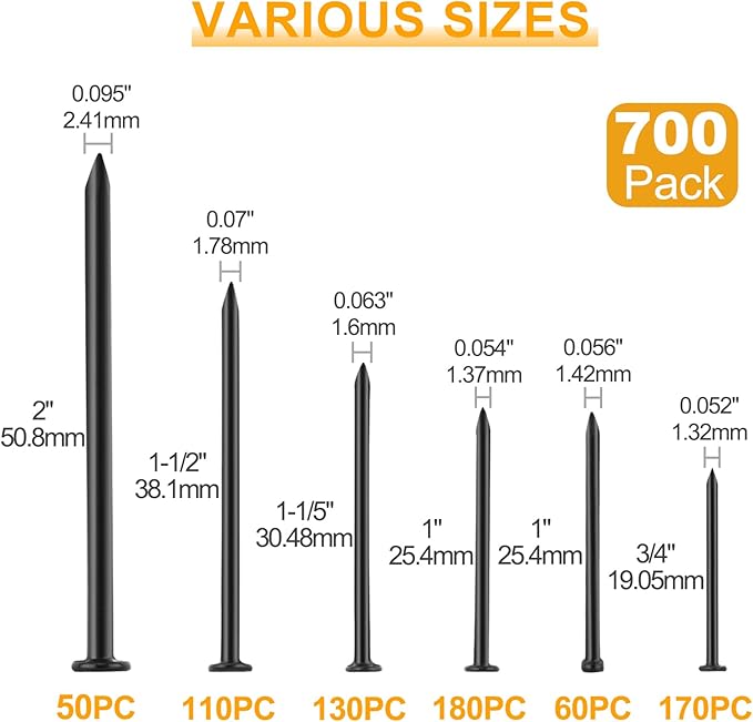 KURUI Black Nails for Hanging Wall Decor Tapestry Pictures Frame,700pc Picture Hangers for Bedroom Bathroom Office, 6 Sizes Small Finish Nails Assortment Kit,640 Frame Nails and 60 Finishing Nails