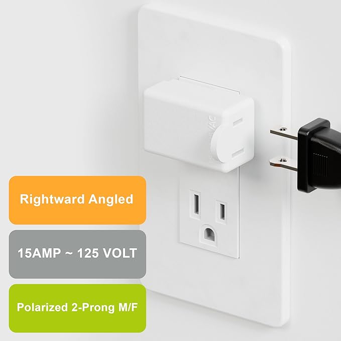 Polarized 2-Prong L Type Adapter, Horizontal Angled AC Adapter, NEMA 1-15P USA Outlet Saver Extension Adapter, High Heat Resistant 2Pin Left Angled Adapter