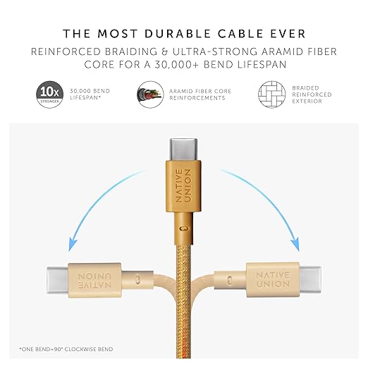 Native Union Type-C Belt Cable - USB-C to USB-C 4ft Ultra-Strong Charging Cable Compatible with iPhone 16, 16 Plus, 16 Pro, 16 Pro Max, iPad Pro, iPad Air, Samsung S24, Flip 6, Fold 6 (Kraft)