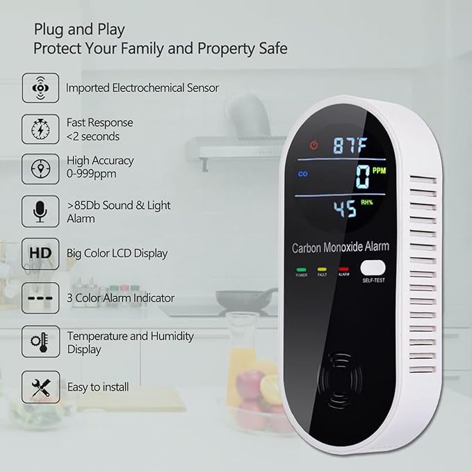 3-in-1 Carbon Monoxide Detectors Plug in Wall, Portable Carbon Monoxide Detector for Travel, CO Gas Meter Temperature Humidity Sensor Built-in with LCD Display Voice Light Warning