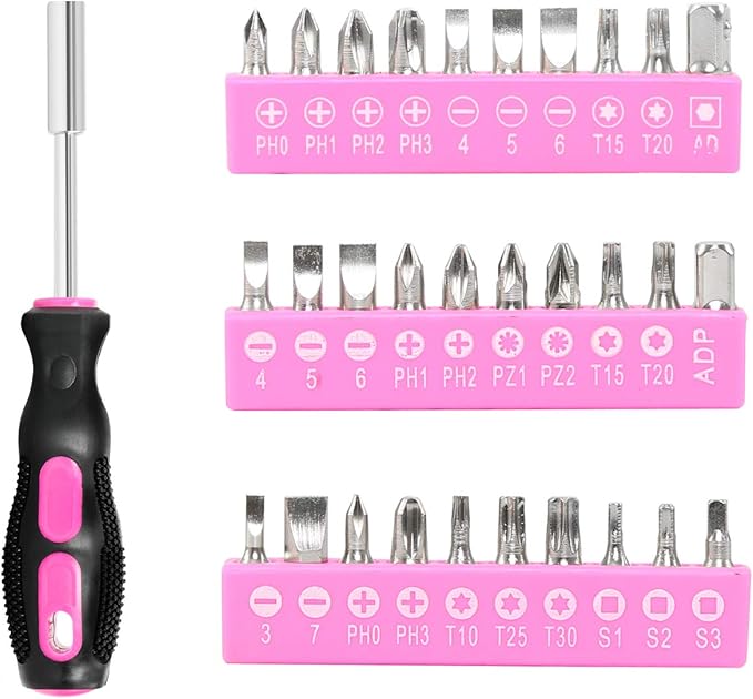 69 Piece Pink Tool kit, Ladies Hand Tool Set with Easy Carrying Round Pouch Household Tool Kit Perfect for DIY, Home Maintenance and Dorm Repair