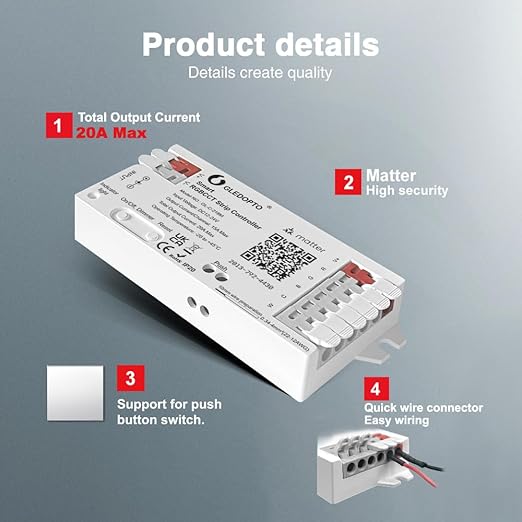 Matter RGBCCT LED Controller 20A Current Max for PWM Analog LED Strip Light APP Voice Control RGBW RGB Dimmable Work with Homekit Google Amazon Echo Alexa (Matter Hub Required)