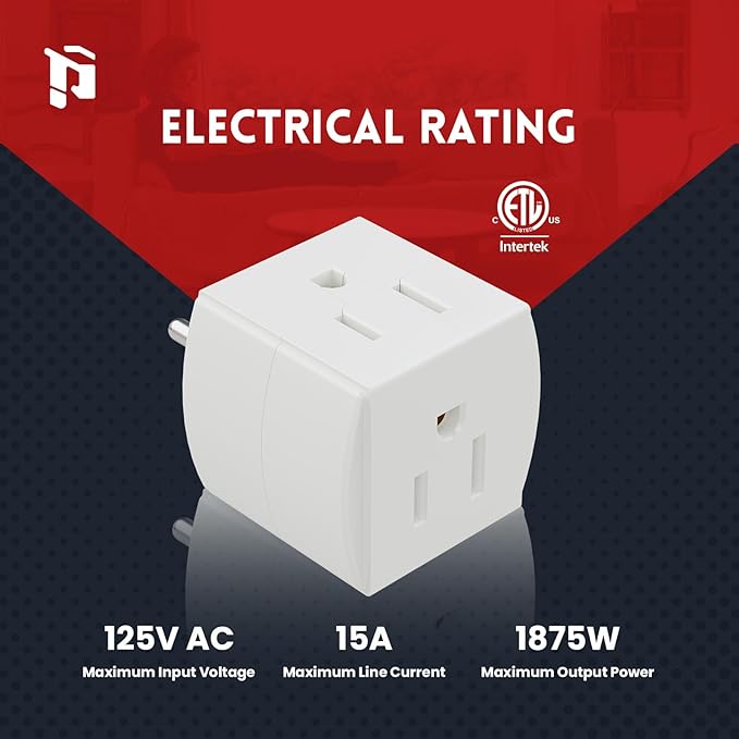 3 Outlet Wall Adapter, 90 Degree 3 Way Plug Adapter Cube Tap, 3 Prong Multi Plug Outlet, Outlet Extender for Home Office School Dorm, ETL Listed, White