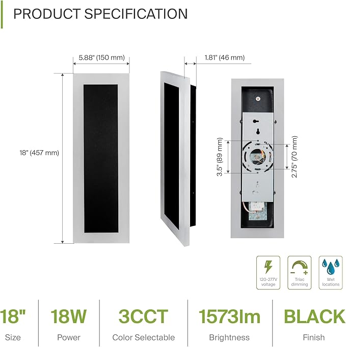 ASD LED 18" Long Wall Mount Light Fixture, Outdoor & Indoor Linear Sconce | 3CCT, Dimmable, Waterproof, Anti-Rust, ETL Listed | 18W 1570LM 3000-5000K 100-277V | Exterior Porch Lighting | Black