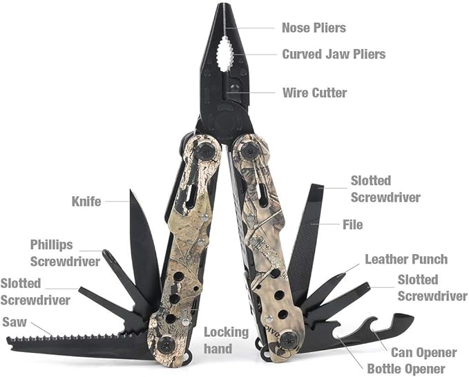 MOSSY OAK Multi-tool - 13 in 1 Multi Function Pliers - Folding Pocket Tool with Sheath, Camo - Portable Pocket Knife for Outdoors, Survival, Camping, Fishing, Hunting, Hiking，Christmas Gift for men