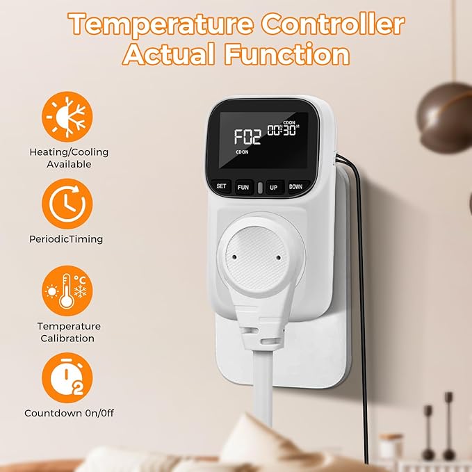 Diymore 1800W Digital Temperature Controller Plug in Thermostat Outlet Digital RV Thermostat Heating Cooling Mode Timer 15A /120V -104℉~210℉ for Greenhouse Incubator Homebrew Pool Thermometer