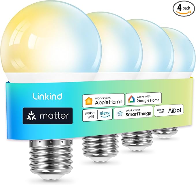 Linkind Matter Smart Light Bulb, Soft White to Daylight Tunable Alexa Light Bulbs, Smart Bulbs Work with Apple Home, Alexa, Google Home, SmartThings, 2.4GHz Wi-Fi LED, A19 E26, 800LM, 60W (4-Pack)