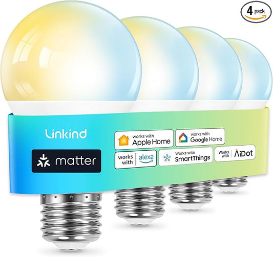 Linkind Matter Smart Light Bulb, Soft White to Daylight Tunable Alexa Light Bulbs, Smart Bulbs Work with Apple Home, Alexa, Google Home, SmartThings, 2.4GHz Wi-Fi LED, A19 E26, 800LM, 60W (4-Pack)
