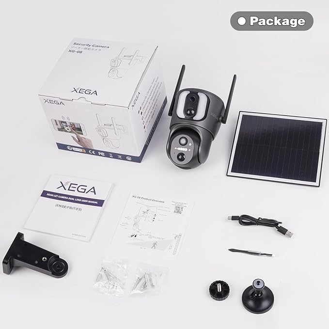 Xega 4G Cellular Security Camera【Dual Lens】 Outdoor with SIM Card, 14400mAh 2K HD Wireless Solar 4G LTE Camera, PTZ Motion Dtetection Spotlight Siren TF Cloud Storage,Only Support The Built-in SIM