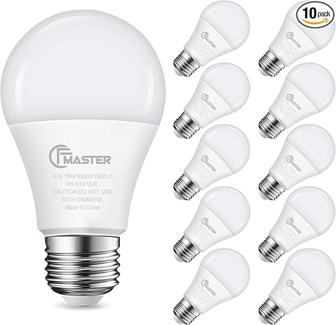 A19 LED Light Bulb, LED Bulbs 100 Watt Equivalent, 5000K Daylight Light Bulbs, 1500 Lumens, E26 Standard Base Lightbulb, Non-Dimmable 15W Bright White Bulbs for Home, ETL Listed(10-Pack)