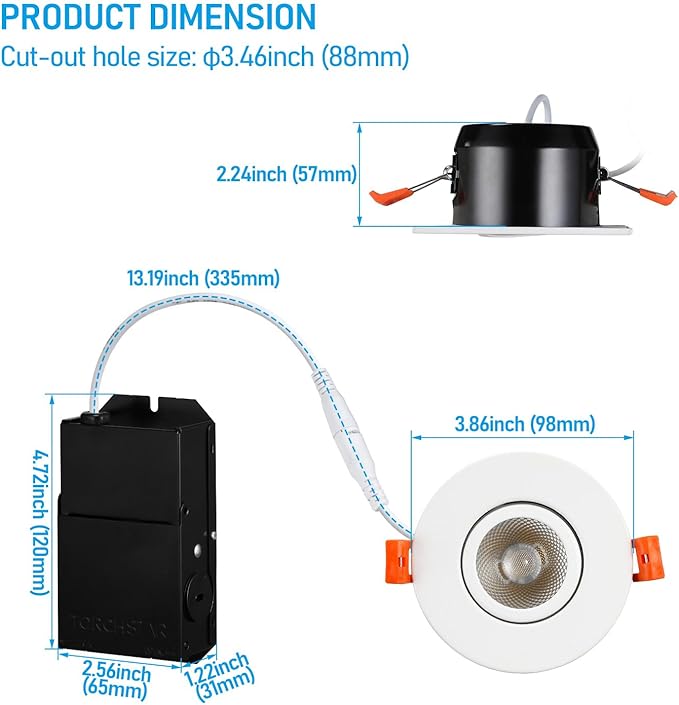 TORCHSTAR 12-Pack 3 Inch Gimbal LED Recessed Light with Junction Box, 7W CRI90+ Dimmable Adjustable Eyeball Canless LED Downlight, 4000K Cool White, Airtight IC, ETL