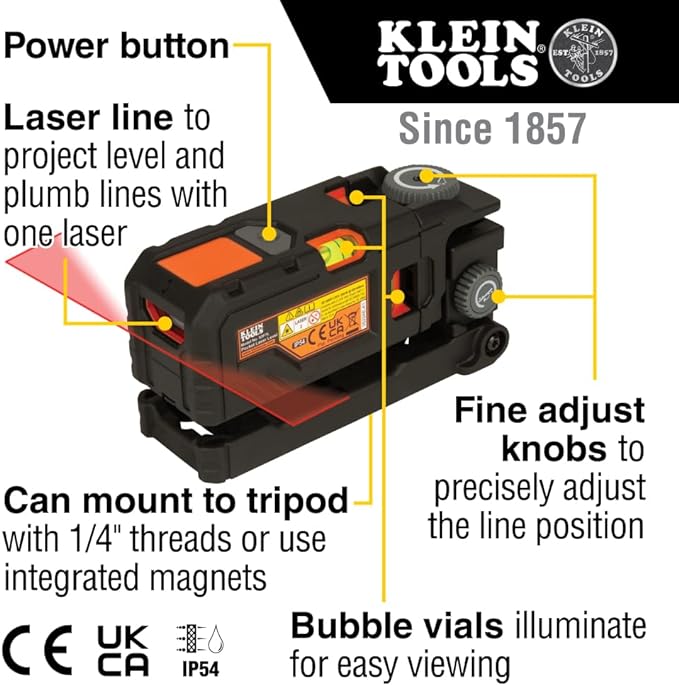 Klein Tools 93PTL Magnetic Pocket Laser Level, Bright Red Leveling and Alignment Tool, 3 Bubble Vials, 360-Degree Wall Attachment, Picture Hanging