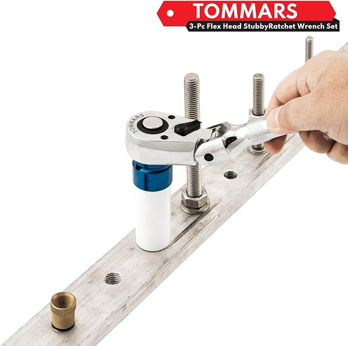 TOMMARS Flex-Head Stubby Ratchet Set, 1/4", 3/8", 1/2" Drive Flexible Mini Small Ratchet Handle Wrench 72-Tooth Quick-Release Reversible