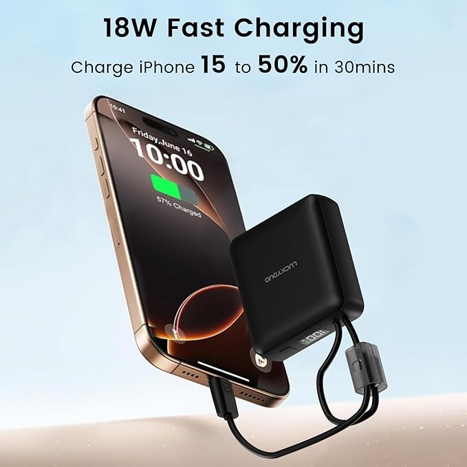 LUCKYDUO Small Portable Charger, Fast charging 22.5W Slim Power Bank 10000mAh with Built-in Cables, LED Display USB-C Mini Battery Pack Travel Essential, Compatible with iPhone, Samsung,Android, White