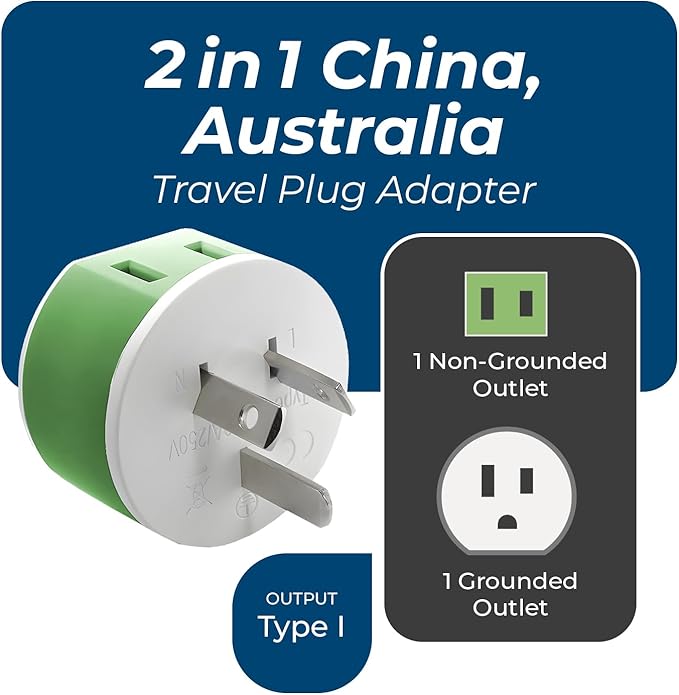 OREI Australia, New Zealand, China Power Plug Adapter with 2 USA Inputs - Travel 3 Pack - Type I (US-16) Safe Grounded Use with Cell Phones, Laptop, Camera Chargers, CPAP, and More