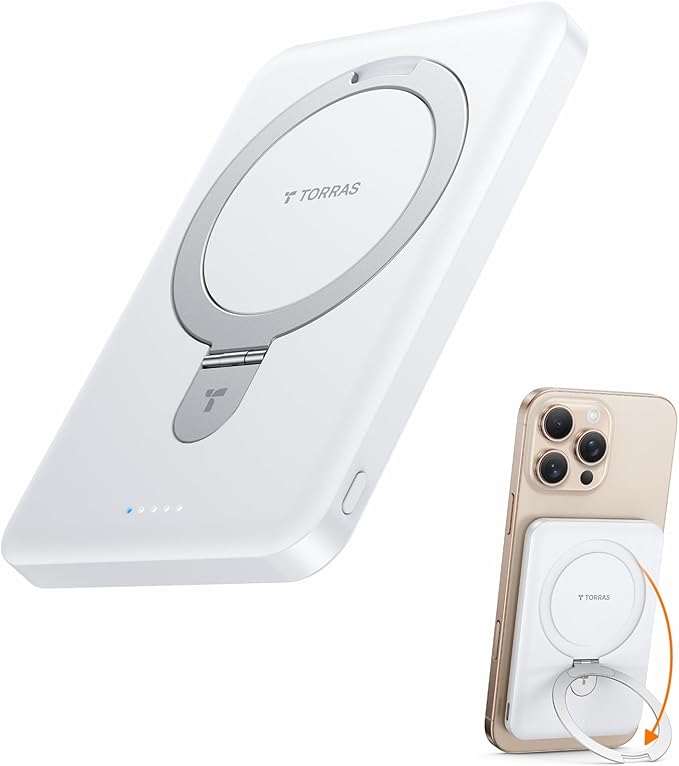 TORRAS 0.45" Slim Magnetic Portable Charger Power Bank for iPhone 5000 mAh 22.5W PD Fast Charging Wireless Battery Pack O Stand Compatible with Magsafe, i Phone 16 Pro Max, Pro,15,14,13,12, White