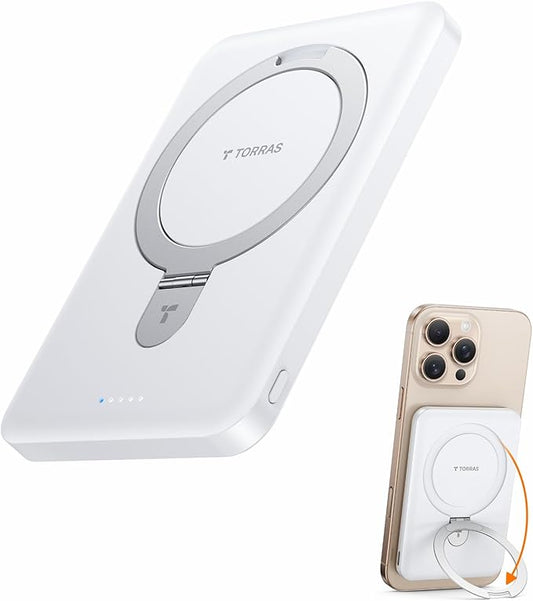 TORRAS 0.45" Slim Magnetic Portable Charger Power Bank for iPhone 5000 mAh 22.5W PD Fast Charging Wireless Battery Pack O Stand Compatible with Magsafe, i Phone 16 Pro Max, Pro,15,14,13,12, White