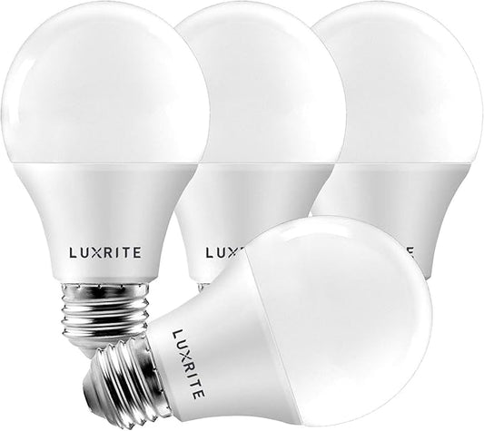 LUXRITE A19 LED Light Bulb 60W Equivalent, 2700K Warm White Dimmable, 800 Lumens, Standard LED Bulb 9W, E26 Base, Energy Star, Enclosed Fixture Rated, Perfect for Lamps and Home Lighting (4 Pack)