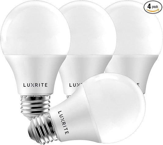 LUXRITE A19 LED Bulb 60W Equivalent, 3500K Natural White, 800 Lumens, Dimmable Standard LED Light Bulbs 9W, Enclosed Fixture Rated, Energy Star, E26 Medium Base - Indoor and Outdoor (4 Pack)