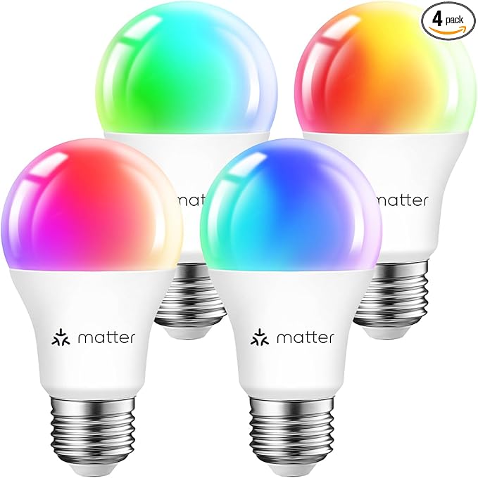 ANWIO A19 Matter Smart Light Bulbs 8.5W (60W Replacement) A19 E26 LED Bulb Compatible with SmartThings App, Alexa, Google Assistant, Color Changing, Hub Required, 806lm 8.5W(60W Equivalent) 4 Pack