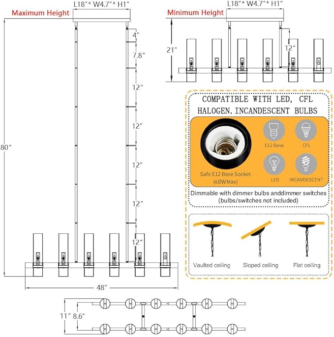 Modern Black Island Rectangle Chandelier with Clear Glass,48” Adjustable Height Modern Linear Light Fixture 12 Light Dining Room Chandelier Over Table for Dining Room Kithen Island