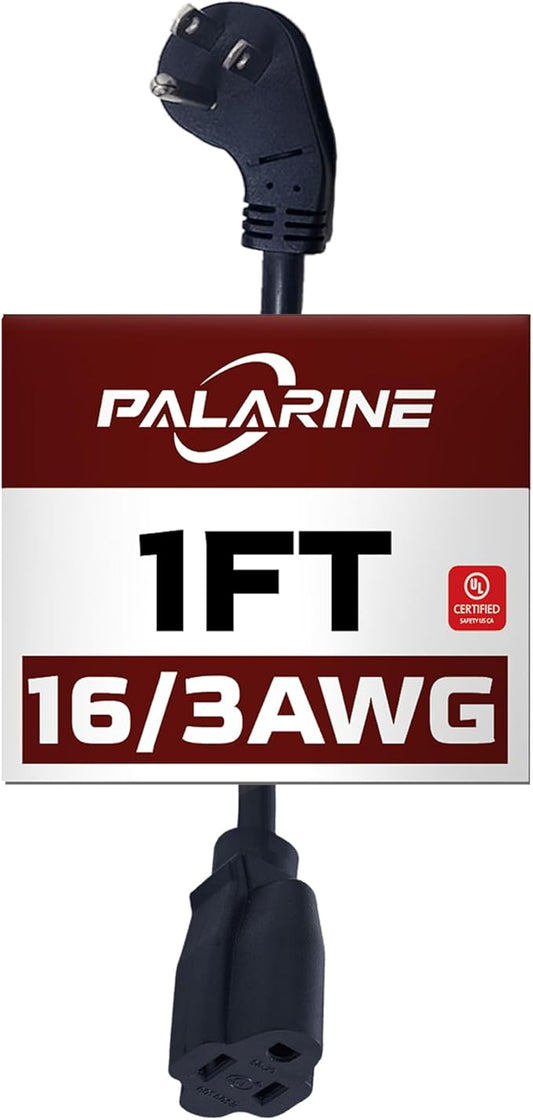 Indoor Flat Plug Black Extension Cord 1ft, UL Listed, 16/3 SJTW 3 Prong Heavy Duty, 16 Gauge 13A Power Cord for Lights, Appliance, Home, Office