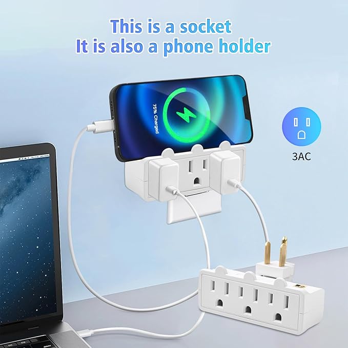 Multi Plug Wall Outlet - 3 Way Outlet Extender & Surge Protector | Electrical Outlet Splitter with 3 Plugs, Portable Power Adapter for Home, Office, Dorm Essentials