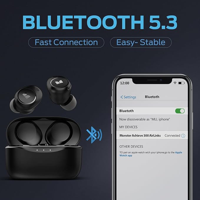 Monster Achieve 300 AirLinks Wireless Earbuds, Bluetooth 5.3 in-Ear Headphones with Charging Case, Stereo Headphones, 32H Playtime Touch Control, Built-in Mic, Clear Call, Black