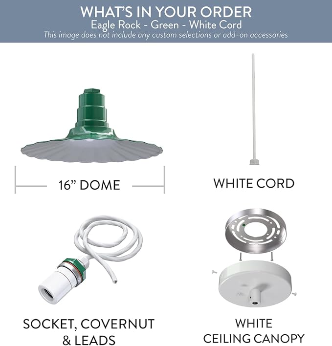 Steel Lighting Co. Eagle Rock Pendant | Ceiling Mounted Light | 16 inch Radial Wave | White Cord | Heavy Duty Steel Retro Farmhouse Style Made in America | Green Exterior/White Interior