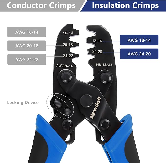 Newdeli Molex Crimper 24-14 AWG Non-Insulated Open Barrel Crimping Tool for JST Style Molex DELPHI AMP TYCO PC Harley Deutsch Terminals Receptacles Wire Terminal Crimper