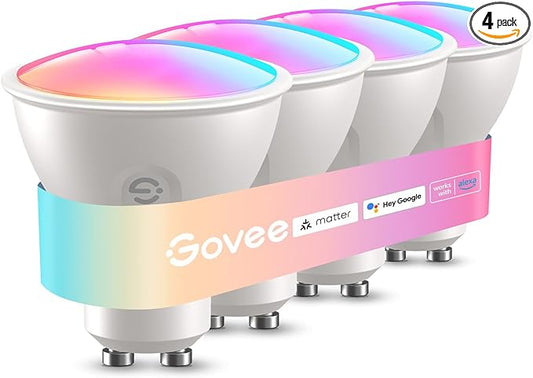 Govee GU10 Smart Bulb, Matter RGBWW Light Bulb Work with Alexa, Google Assistant, WiFi & Bluetooth Color Changing MR16 LED Bulbs, 64 Dynamic Scenes, Syncs with Music, 4 Pack, 400LM, GU10 Base