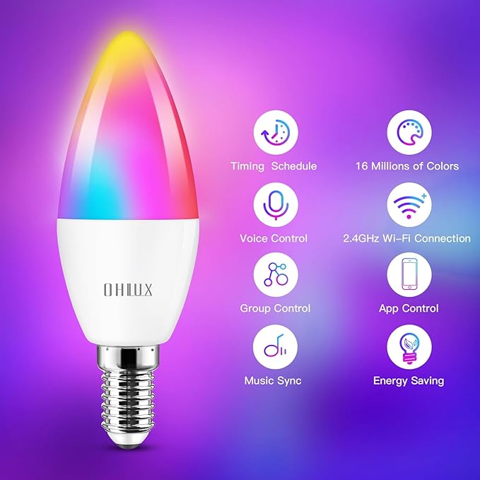 OHLUX Smart Candelabra Led Light Bulbs, E12 Base Led Bulb 4W 40 Watt Equivalent WiFi Candle Small Bulbs Compatible with Alexa/Google Assistant, Color Change Alexa Light Bulbs 2.4GHz WiFi Only,1 Pack