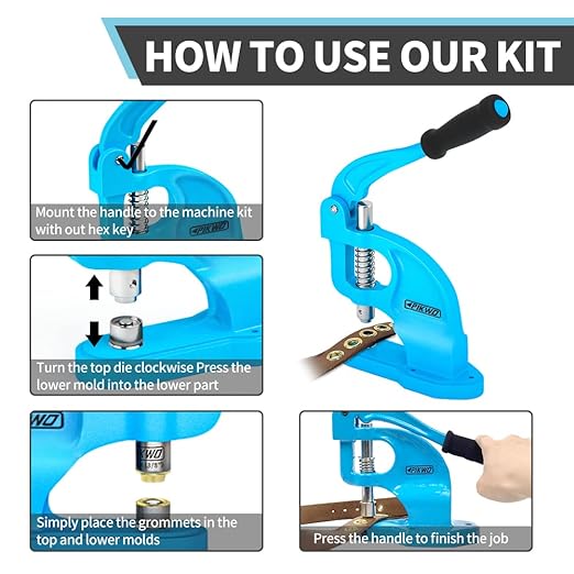 Heavy Duty Eyelet Grommet Machine Press Punch Tool Kit with 3 Dies & 900 Pcs Grommets, Self Piercing, Labor Saving, Corsetry Class Recommended