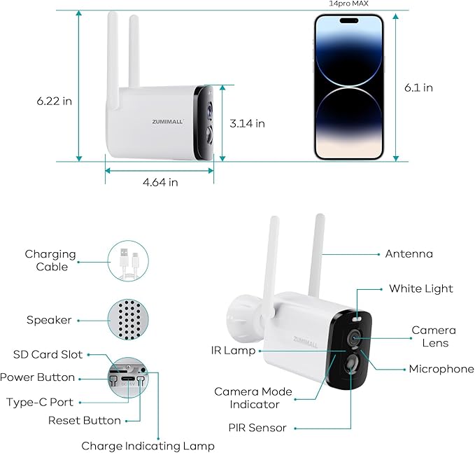 ZUMIMALL Solar Security Cameras Wireless Outdoor, 2K Camera for Home Security with 3MP Color Night Vision, 2.4GHz WiFi, 2-Way Talk, Spotlight & Siren, IP66 Weatherproof, Compatible with Alexa