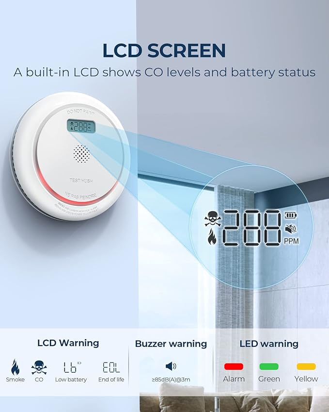 Ecoey Smoke Detector Carbon Monoxide Detector Combo 7-Year Battery Operated Smoke and Carbon Monoxide Alarm with Visualized LCD Display and Test & Silence Function, 2 Packs