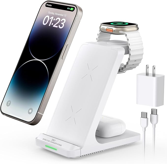 Wireless Charging Station, 3 in 1 Fast Wireless Charger Stand for Multiple Devices Apple Watch Ultra Series 10 9 8 7 6 SE 5 4 3 2, iPhone 16 15 14 13 12 11 Pro Max/Plus/Mini/X/XS/Max/XR/SE, Airpods