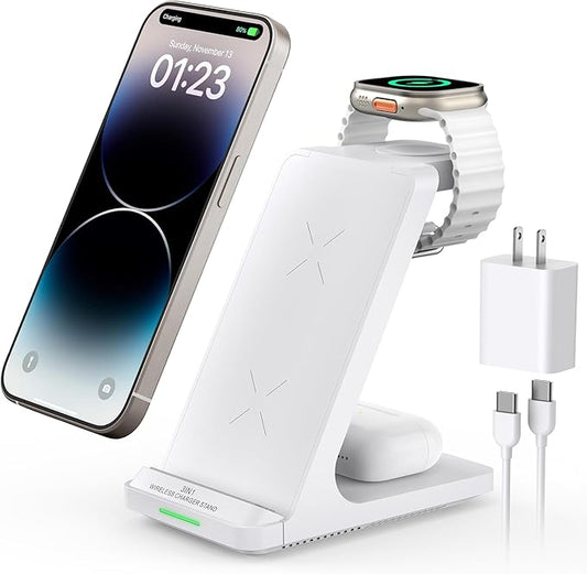 Wireless Charging Station, 3 in 1 Fast Wireless Charger Stand for Multiple Devices Apple Watch Ultra Series 10 9 8 7 6 SE 5 4 3 2, iPhone 16 15 14 13 12 11 Pro Max/Plus/Mini/X/XS/Max/XR/SE, Airpods