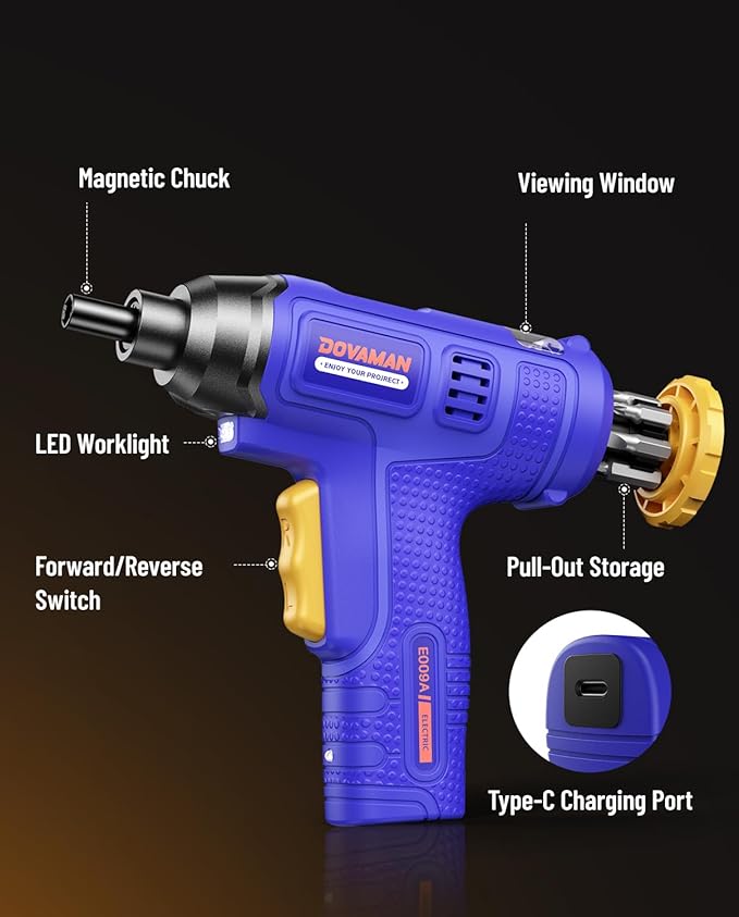 6NM 4V Rechargeable Cordless Electric Screwdriver with Built-In Bit Storage,7 Bits & Carry Box,Type-C Fast Charge,LED Light-E009A