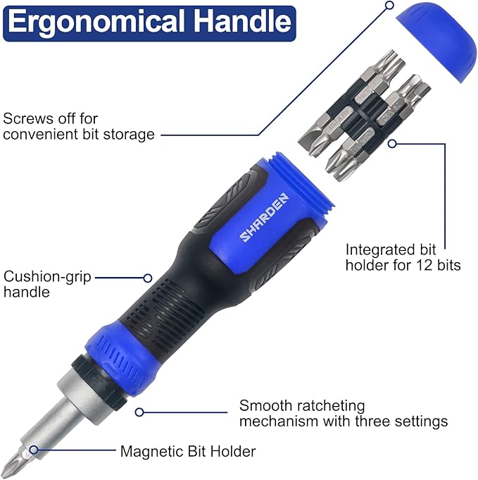 SHARDEN Ratcheting Screwdriver 13-in-1 Ratchet Screwdriver Set Multi Bit Screw Driver All in One Screwdriver with Torx Security, Flat Head, Phillips, Hex, Square and 1/4 Nut Driver