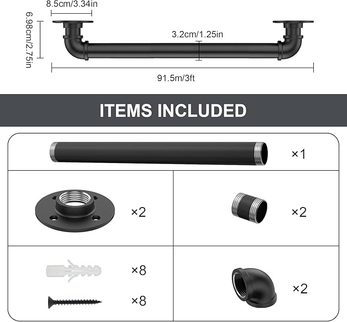 Willstar 3FT Industrial Staircase Handrail Non-Slip Pipe Bar Foot Rail Wall Mount Stair Rail Vintage Grab Bar for Steps Black Iron Pipe Handrail for Outdoor Indoor Stairs Loft Porch Hand Rail (3ft)