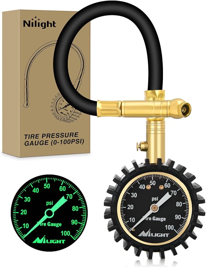 Nilight Tire Pressure Gauge 100PSI Heavy Duty Large 2" Glow Dial ANSI B40.1 Certified Air Chucks Accurate Reading with Extended Hose for Truck Semi Truck ATV Motorhome Cars & RV Accessories
