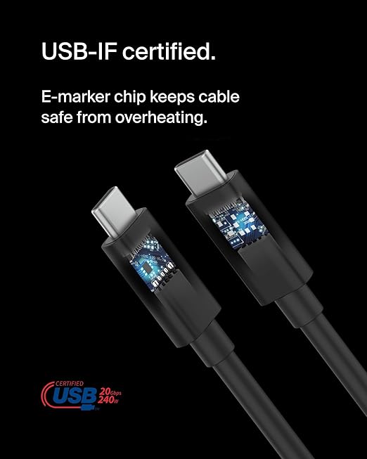 Belkin Connect USB4 Cable (4ft/1.2M Power Cable), USB-C to USB-C Cable w/ 240W Power Delivery + 20Gbps - USB4 Compliant Power Cable, Compatible with MacBook, Windows, Chromebook, & More