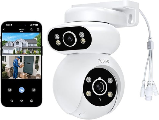 Noorio Dual Lens 2K Security Camera Outdoor, Outside Cameras for Home Security Plug-in, Auto Tracking 360° PTZ, Color Night Vision, 24/7 Recording, 2.4G WiFi Only
